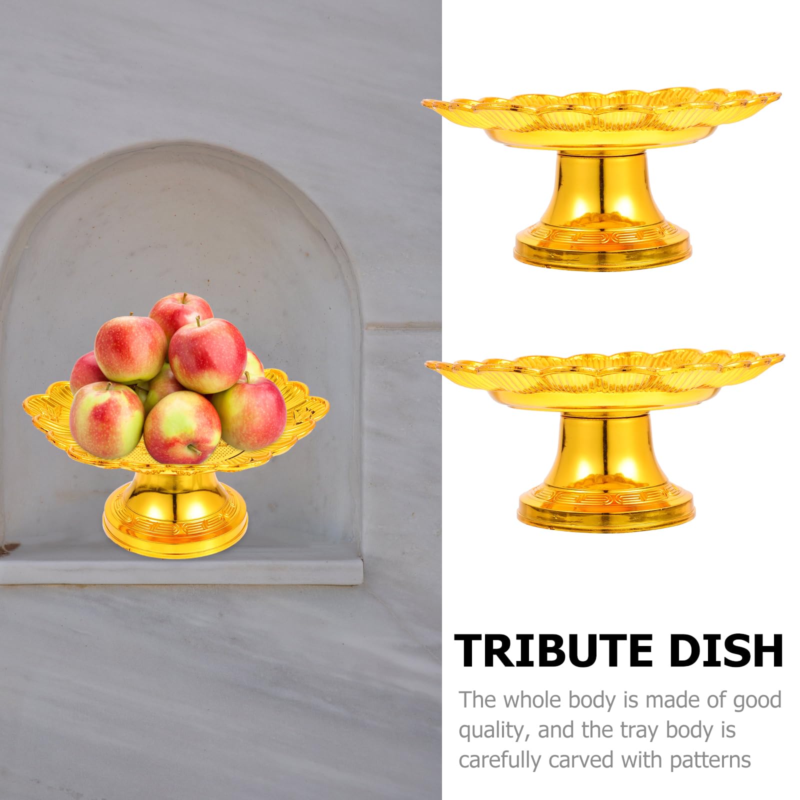 Buddha Altar Fruit Plate：2PCS Offering Plate Tribute Serving Trays - Offering Fruit Desserts and Snacks for Buddha Altar Temple - Gold (8 Inches)
