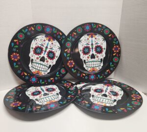 cacb day of the dead round charger plates in sugar skull melamine decorative halloween decor reusable platter tableware dinner indoor or multicolor server plates 13x13 outdoor events set 4.