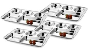 khandekar stainless steel five compartment rectangle plates, dinner plate set of 4 - silver
