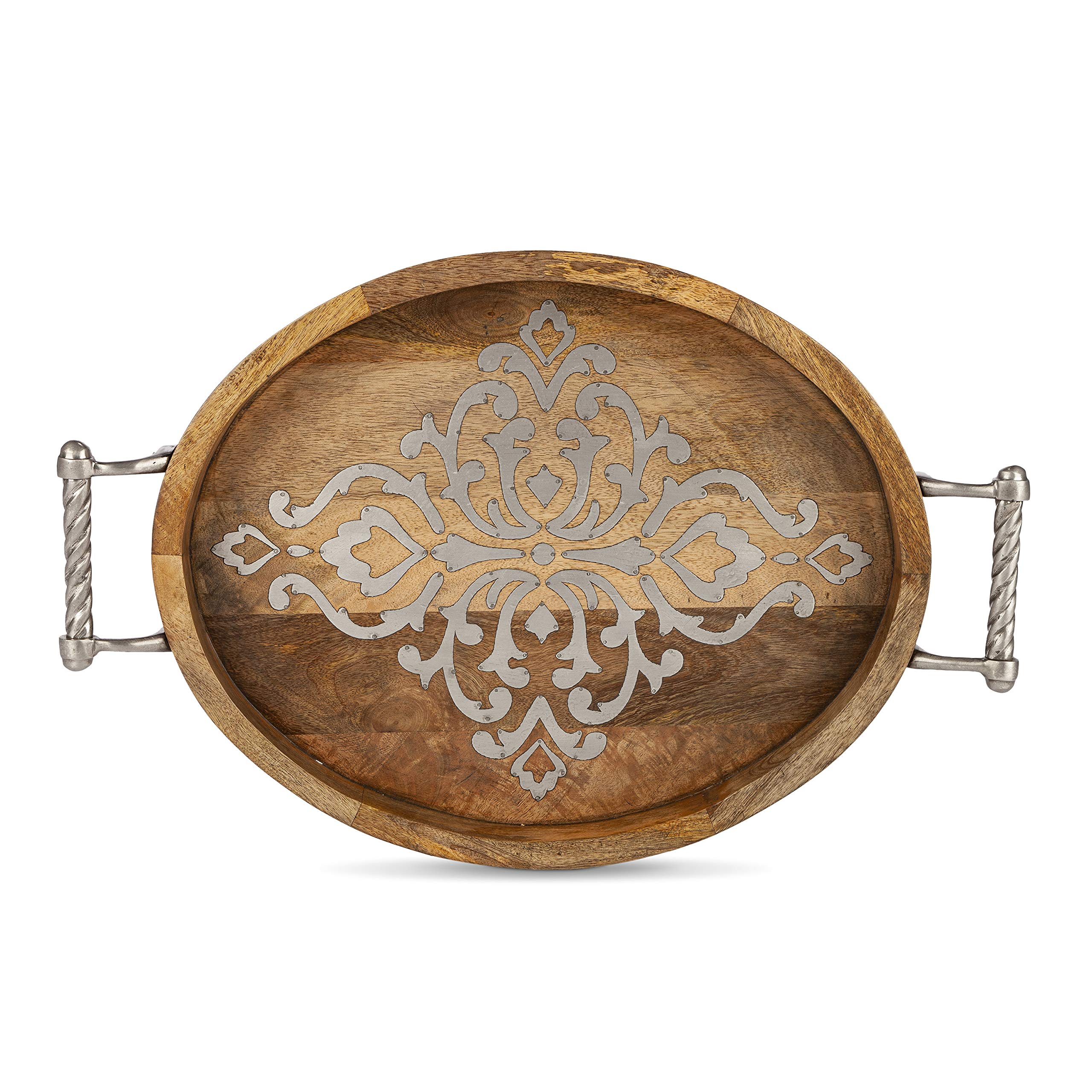 Medium 20.75-Inch Long Wood and Metal Heritage Collection Oval Tray