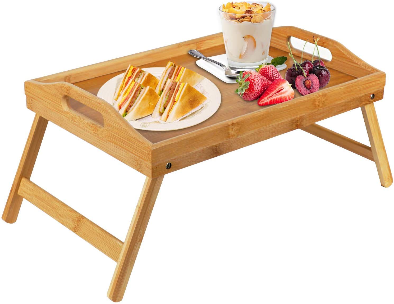 Bamboo Bed Tray Table with Foldable Legs & 5-Piece Bamboo Drawer Organizer Set