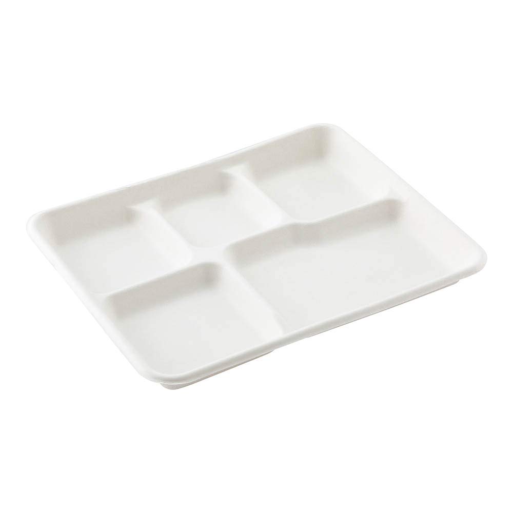 Restaurantware Pulp Tek Ounce Bagasse Plates 100 Rectangular Disposable Plates - Lids Sold Separately 5 Compartments White Bagasse Plates Sturdy Microwavable For Salads Or More