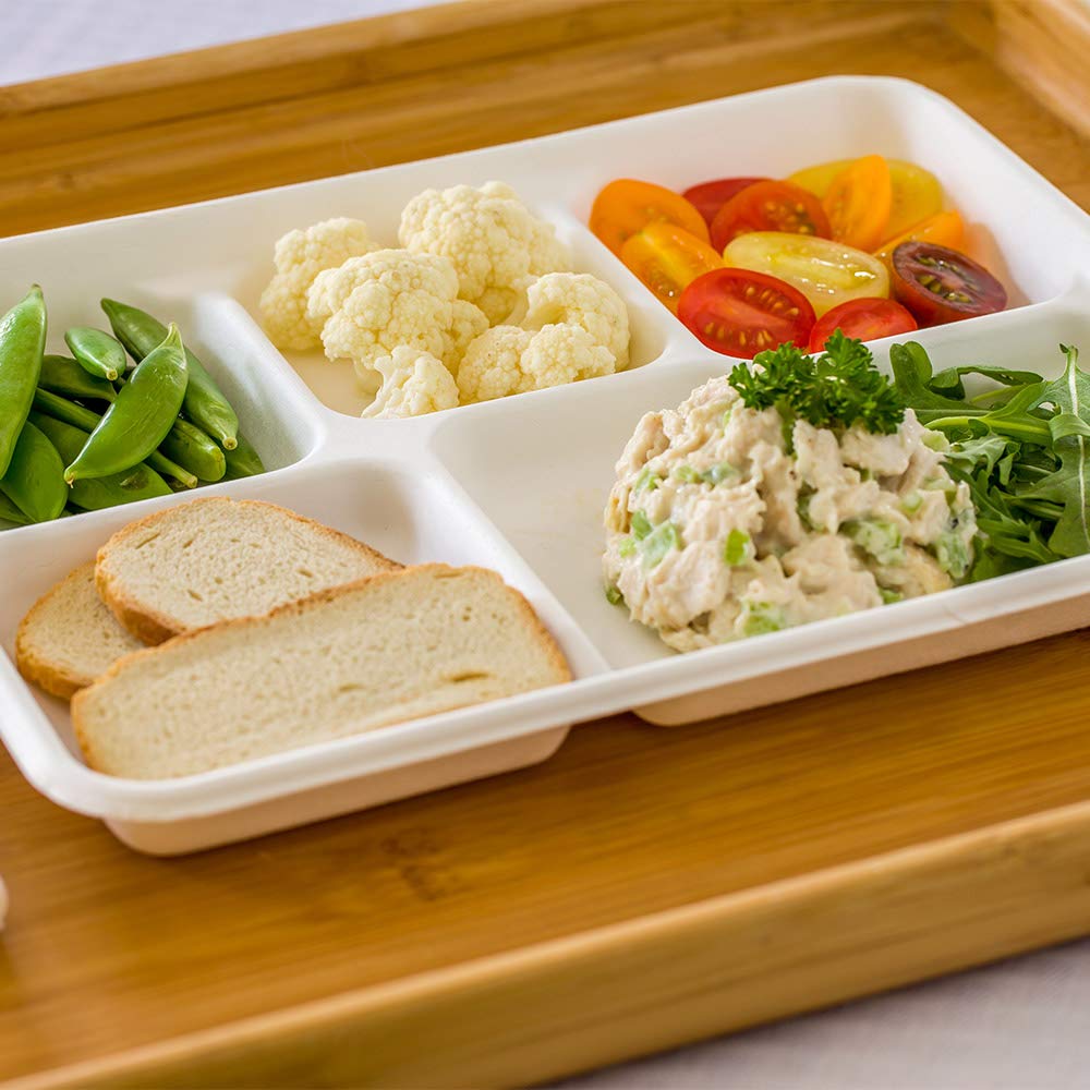 Restaurantware Pulp Tek Ounce Bagasse Plates 100 Rectangular Disposable Plates - Lids Sold Separately 5 Compartments White Bagasse Plates Sturdy Microwavable For Salads Or More