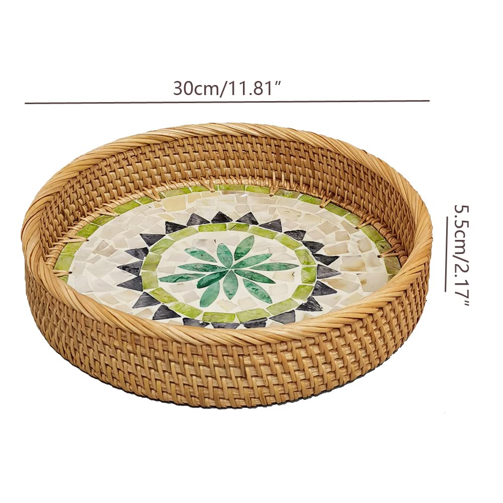 Round Rattan Woven Tray Basket with Chromatic Shell Wooden Base and 2”Wall, 12 Inch Rolled Wicker Coffee Table Serving Tray Décor Circle with, Handmade Display Basket for Dining Room, L, Exxacttorch