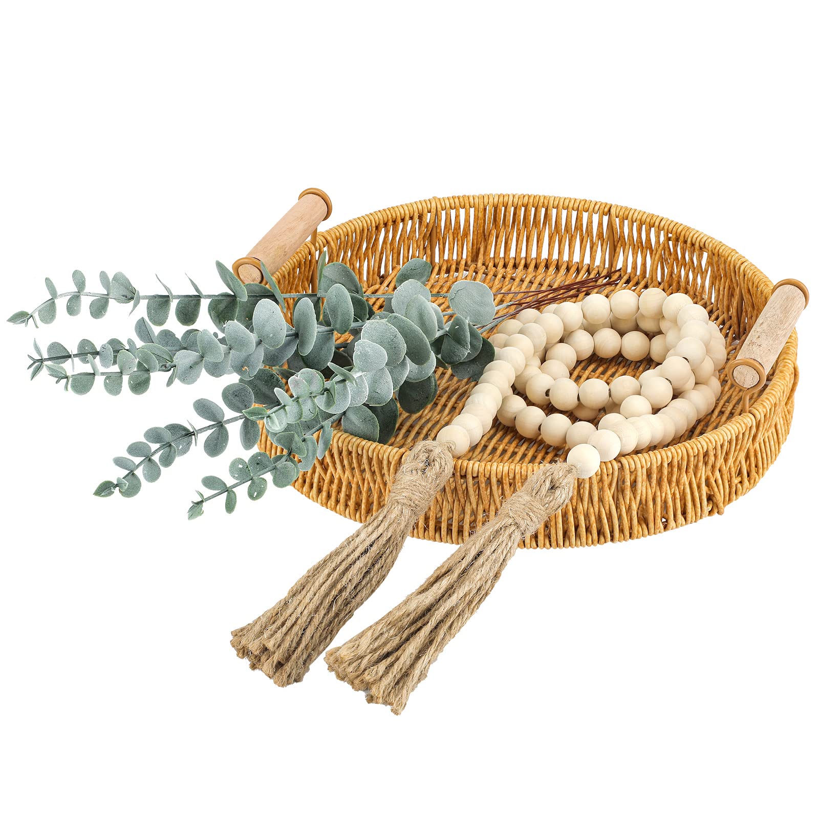 8 Pcs Boho Farmhouse Coffee Table Tray Set 11 Inch Wicker Rattan Serving Tray with Handles Round Rattan Tray Basket Wood Bead Garland with Tassels 6 Artificial Eucalyptus Leaves for Home Fall Decor