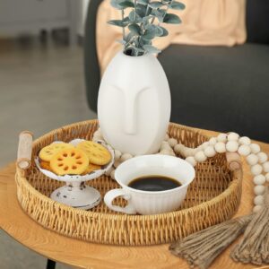 8 Pcs Boho Farmhouse Coffee Table Tray Set 11 Inch Wicker Rattan Serving Tray with Handles Round Rattan Tray Basket Wood Bead Garland with Tassels 6 Artificial Eucalyptus Leaves for Home Fall Decor