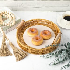 8 Pcs Boho Farmhouse Coffee Table Tray Set 11 Inch Wicker Rattan Serving Tray with Handles Round Rattan Tray Basket Wood Bead Garland with Tassels 6 Artificial Eucalyptus Leaves for Home Fall Decor