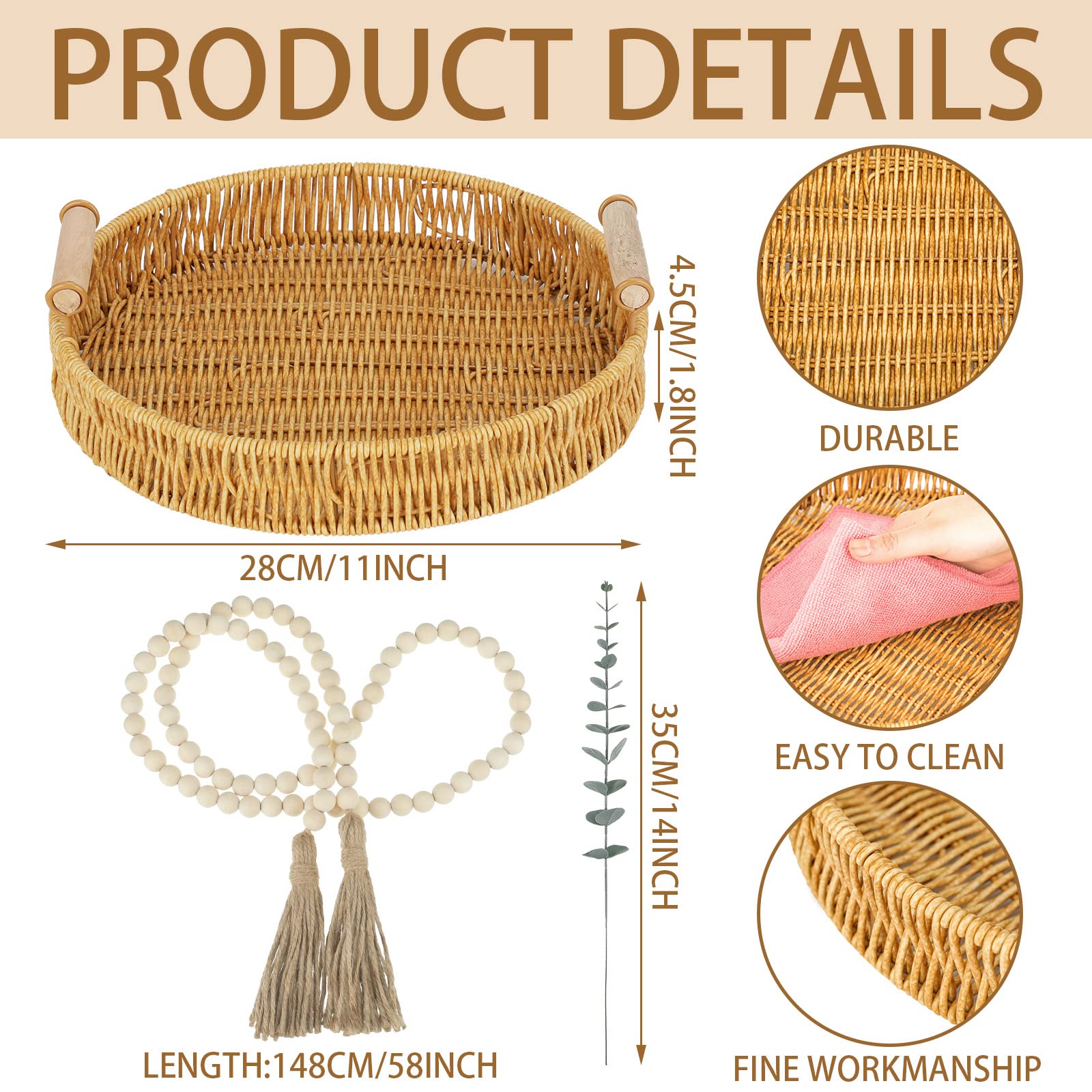 8 Pcs Boho Farmhouse Coffee Table Tray Set 11 Inch Wicker Rattan Serving Tray with Handles Round Rattan Tray Basket Wood Bead Garland with Tassels 6 Artificial Eucalyptus Leaves for Home Fall Decor