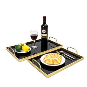 eodme Black Serving Trays Set of 2, Rectangle Glass Ottoman Tray with Metal Handle, Decorative Tray for Living Room Coffee Table 19.7''&15.7''