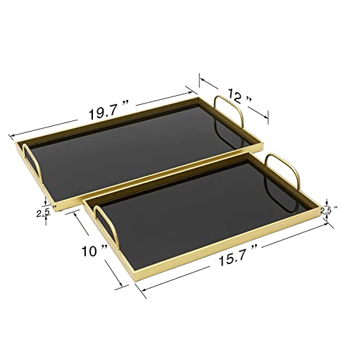 eodme Black Serving Trays Set of 2, Rectangle Glass Ottoman Tray with Metal Handle, Decorative Tray for Living Room Coffee Table 19.7''&15.7''