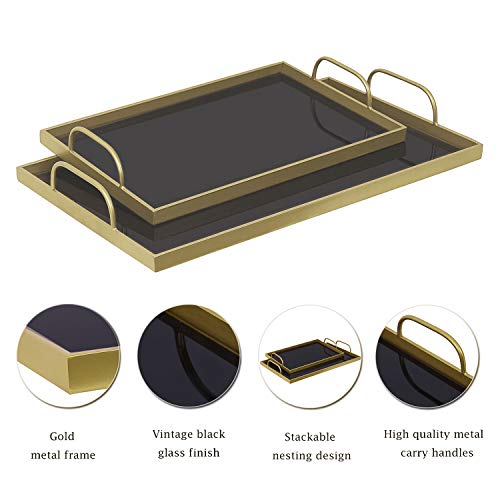 eodme Black Serving Trays Set of 2, Rectangle Glass Ottoman Tray with Metal Handle, Decorative Tray for Living Room Coffee Table 19.7''&15.7''