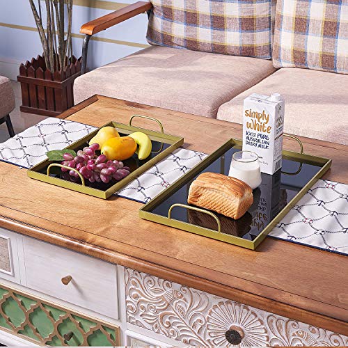 eodme Black Serving Trays Set of 2, Rectangle Glass Ottoman Tray with Metal Handle, Decorative Tray for Living Room Coffee Table 19.7''&15.7''