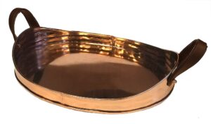 zuccor large copper plated stainless steel serving tray with comfortable faux leather handle | ornate decorative tray | serving meals, appetizers & beverages | kitchen countertop - 17" x 13" x 3.5"