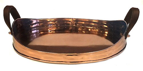 ZUCCOR Large Copper Plated Stainless Steel Serving Tray With Comfortable Faux Leather Handle | Ornate Decorative Tray | Serving Meals, Appetizers & Beverages | Kitchen Countertop - 17" x 13" x 3.5"