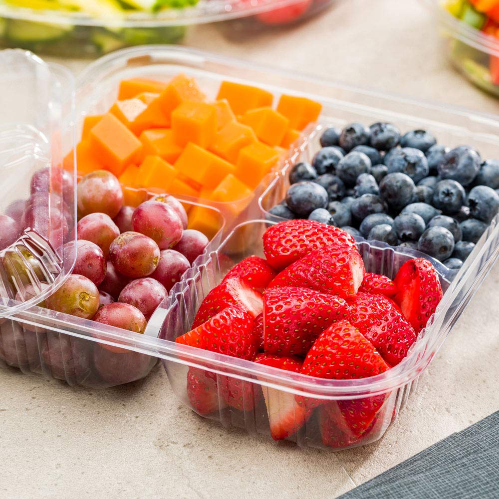 Restaurantware Thermo Tek 8.3 x 2.2 Serving Platters with Lids 100 Disposable Veggie Trays - Square 4 Compartments Clear Plastic Appetizer Platters Serve Fruits At Parties or Catered Events