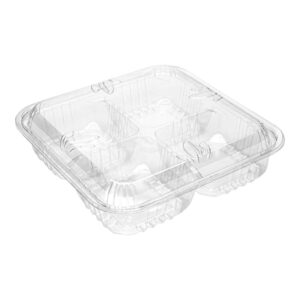 Restaurantware Thermo Tek 8.3 x 2.2 Serving Platters with Lids 100 Disposable Veggie Trays - Square 4 Compartments Clear Plastic Appetizer Platters Serve Fruits At Parties or Catered Events