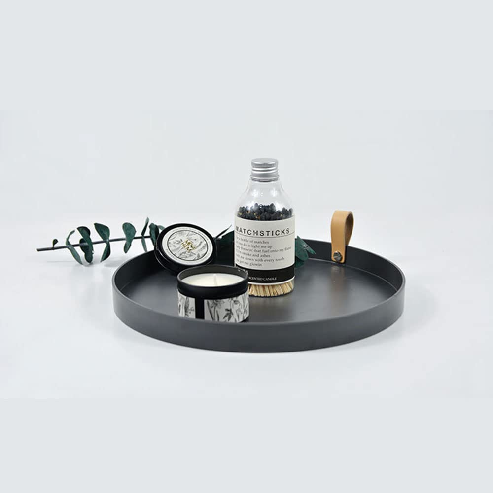 Glass Perfume Coffee Table Tray, Home Small Decorative Serving Tray with Leather Handles, Round Solid Color Tray for Living Kitchen Counter Bar Room, Plastic Circle Tray, Black