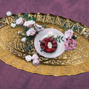 Turkish Tea Coffee Beverage Dinning Serving Tray Ellipse with Handled Ottoman Motif Decorative Middle Table Drink Serving Bathroom Oval Suitable for Gift Tray (14.1x8.2x1 INC) 35.8x20.5x2cm Gold