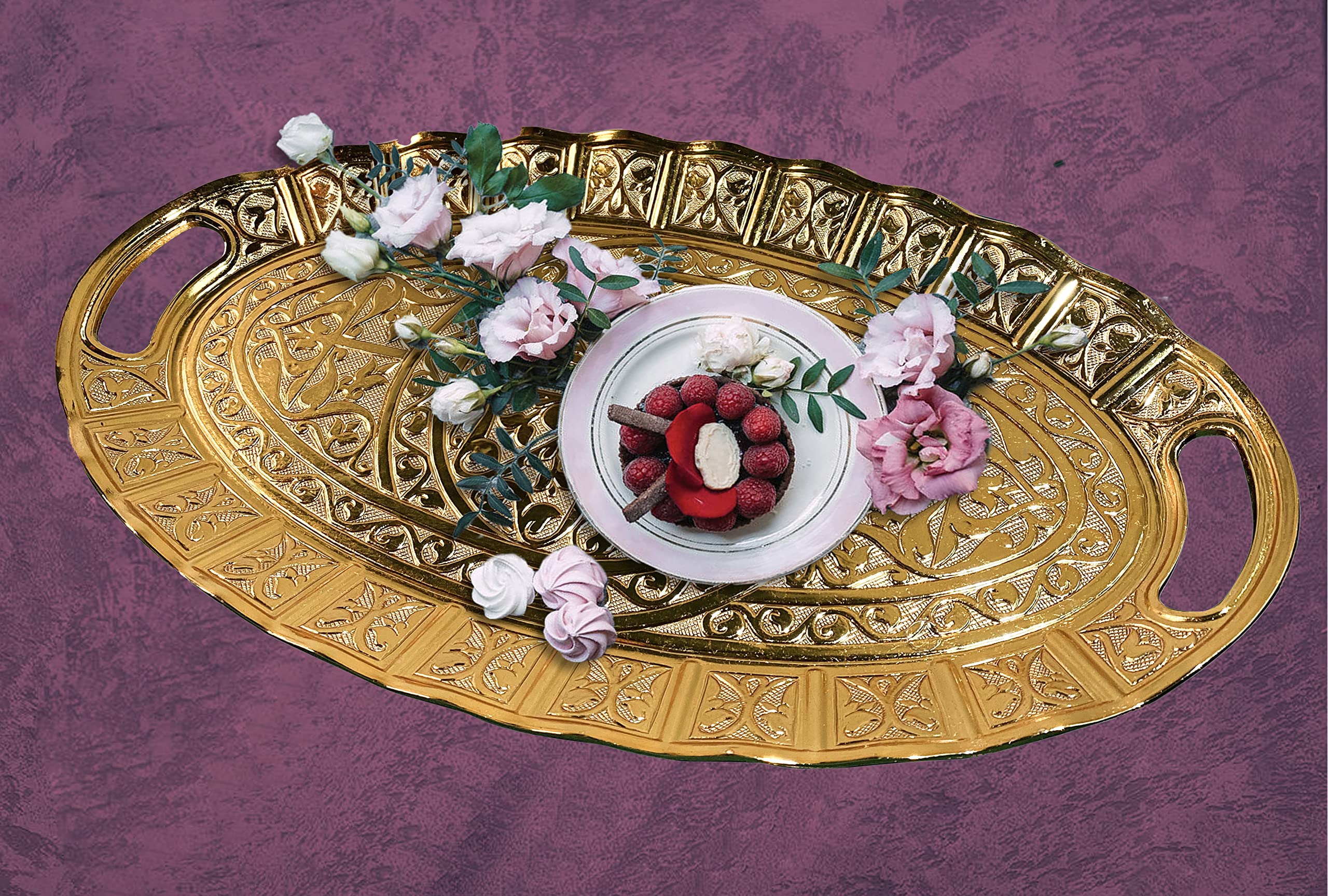 Turkish Tea Coffee Beverage Dinning Serving Tray Ellipse with Handled Ottoman Motif Decorative Middle Table Drink Serving Bathroom Oval Suitable for Gift Tray (14.1x8.2x1 INC) 35.8x20.5x2cm Gold