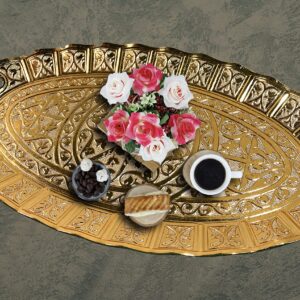 Turkish Tea Coffee Beverage Dinning Serving Tray Ellipse with Handled Ottoman Motif Decorative Middle Table Drink Serving Bathroom Oval Suitable for Gift Tray (14.1x8.2x1 INC) 35.8x20.5x2cm Gold