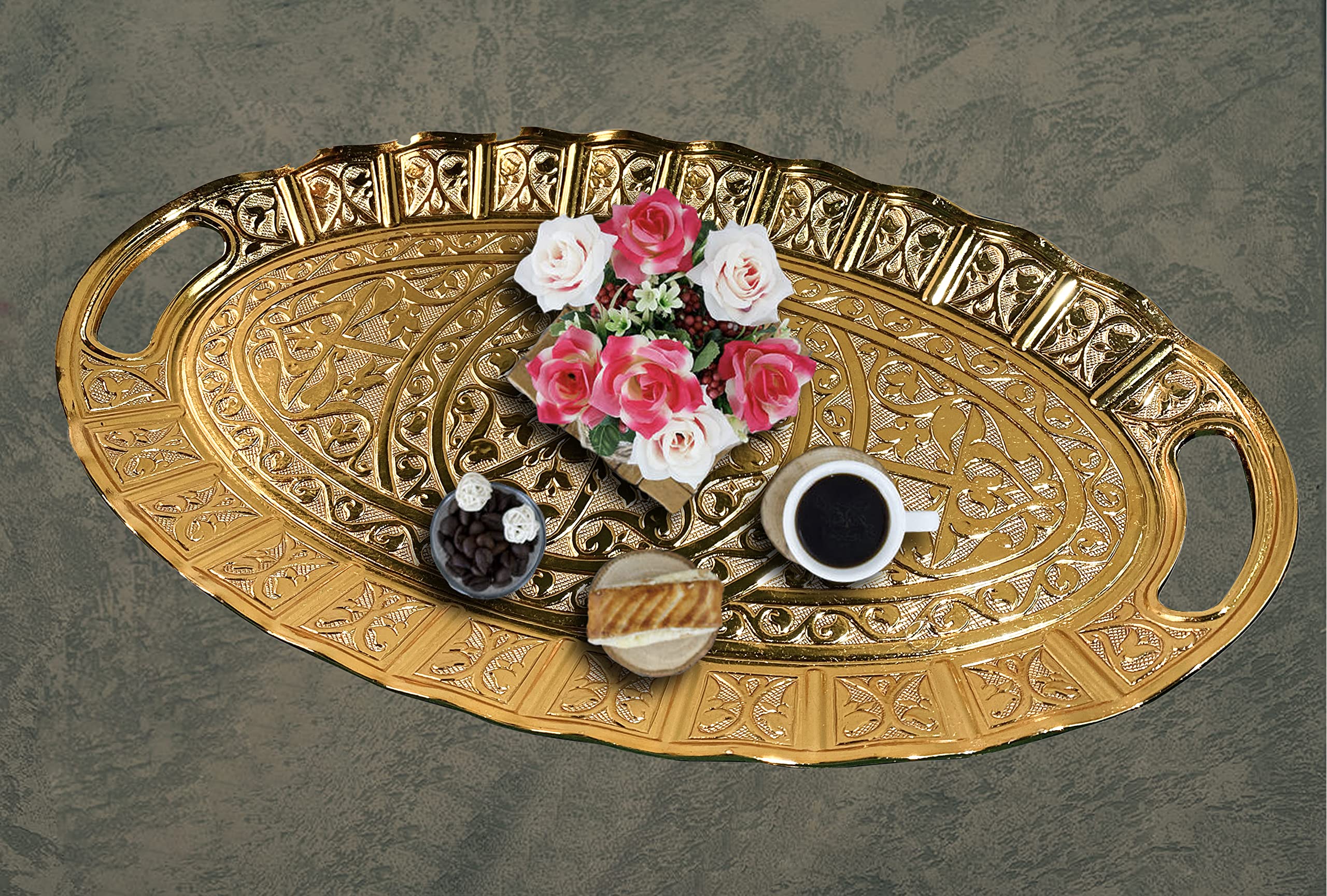 Turkish Tea Coffee Beverage Dinning Serving Tray Ellipse with Handled Ottoman Motif Decorative Middle Table Drink Serving Bathroom Oval Suitable for Gift Tray (14.1x8.2x1 INC) 35.8x20.5x2cm Gold