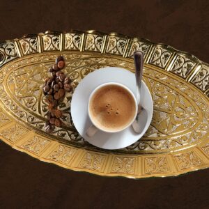 Turkish Tea Coffee Beverage Dinning Serving Tray Ellipse with Handled Ottoman Motif Decorative Middle Table Drink Serving Bathroom Oval Suitable for Gift Tray (14.1x8.2x1 INC) 35.8x20.5x2cm Gold