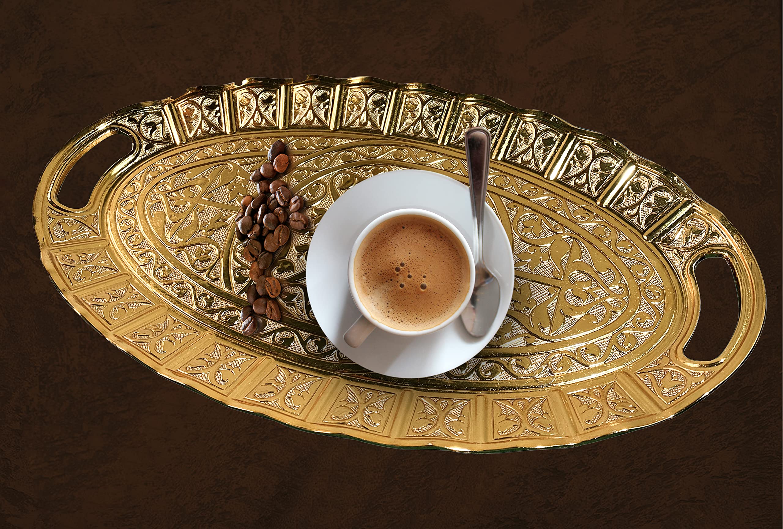 Turkish Tea Coffee Beverage Dinning Serving Tray Ellipse with Handled Ottoman Motif Decorative Middle Table Drink Serving Bathroom Oval Suitable for Gift Tray (14.1x8.2x1 INC) 35.8x20.5x2cm Gold