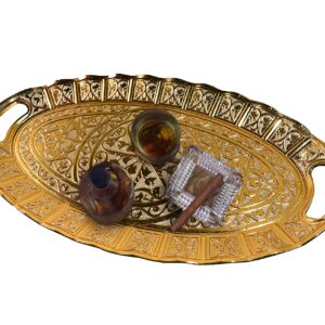 Turkish Tea Coffee Beverage Dinning Serving Tray Ellipse with Handled Ottoman Motif Decorative Middle Table Drink Serving Bathroom Oval Suitable for Gift Tray (14.1x8.2x1 INC) 35.8x20.5x2cm Gold