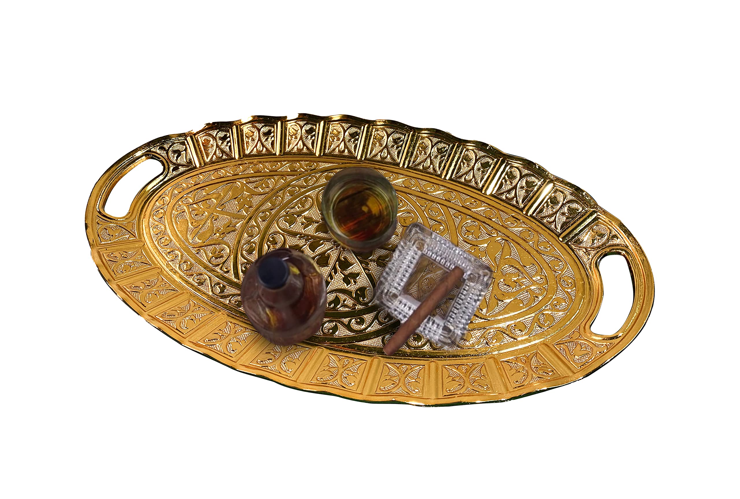 Turkish Tea Coffee Beverage Dinning Serving Tray Ellipse with Handled Ottoman Motif Decorative Middle Table Drink Serving Bathroom Oval Suitable for Gift Tray (14.1x8.2x1 INC) 35.8x20.5x2cm Gold