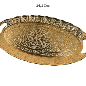 Turkish Tea Coffee Beverage Dinning Serving Tray Ellipse with Handled Ottoman Motif Decorative Middle Table Drink Serving Bathroom Oval Suitable for Gift Tray (14.1x8.2x1 INC) 35.8x20.5x2cm Gold