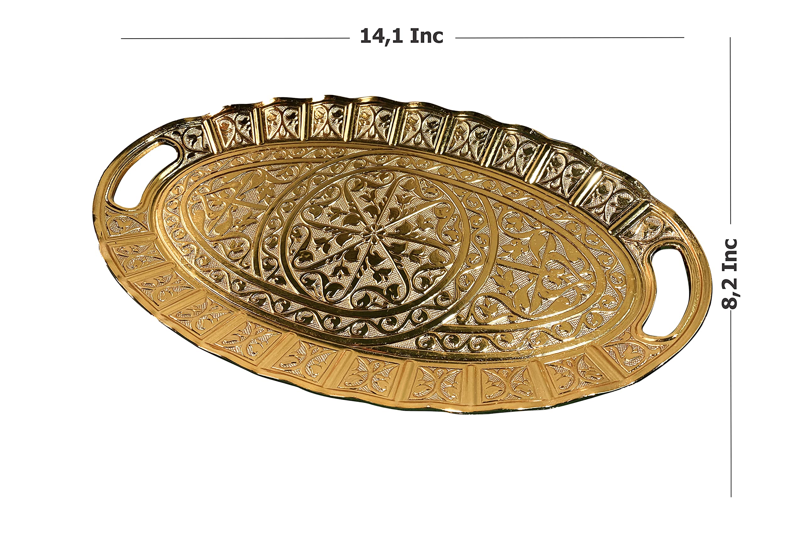 Turkish Tea Coffee Beverage Dinning Serving Tray Ellipse with Handled Ottoman Motif Decorative Middle Table Drink Serving Bathroom Oval Suitable for Gift Tray (14.1x8.2x1 INC) 35.8x20.5x2cm Gold