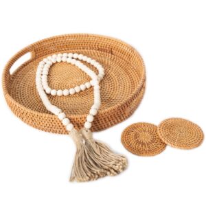 rattan tray, round rattan serving tray, decorative wicker trays with rattan coasters and wood bead garland, for coffee table fruit, bread serving basket (13.7 inch)