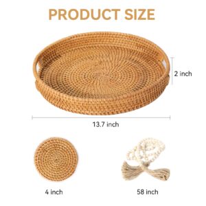 Rattan Tray, Round Rattan Serving Tray, Decorative Wicker Trays with Rattan Coasters and Wood Bead Garland, for Coffee Table Fruit, Bread Serving Basket (13.7 Inch)