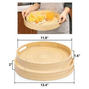 Round Serving Tray with Handles Bamboo Trays Serving Large Decorative Tea Trays for Coffee Table Bar Home Decor Bathroom Centerpieces Outdoor Organizing Tray for Vanity Fruit Set 2 (Bamboo Natural)