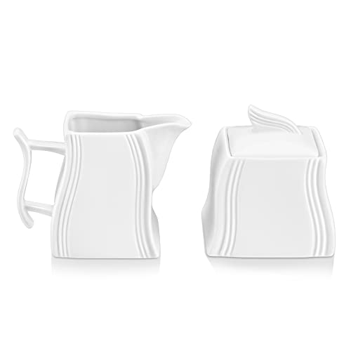 MALACASA Porcelain Creamer and Sugar Set, Ivory White Serving Set for Coffee and Tea,1-Piece Milk Jug and 1-Piece Sugar Pot with Lid, Set of 3, Series Flora