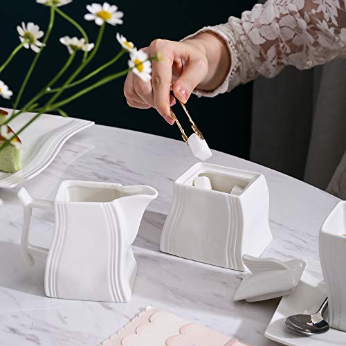 MALACASA Porcelain Creamer and Sugar Set, Ivory White Serving Set for Coffee and Tea,1-Piece Milk Jug and 1-Piece Sugar Pot with Lid, Set of 3, Series Flora