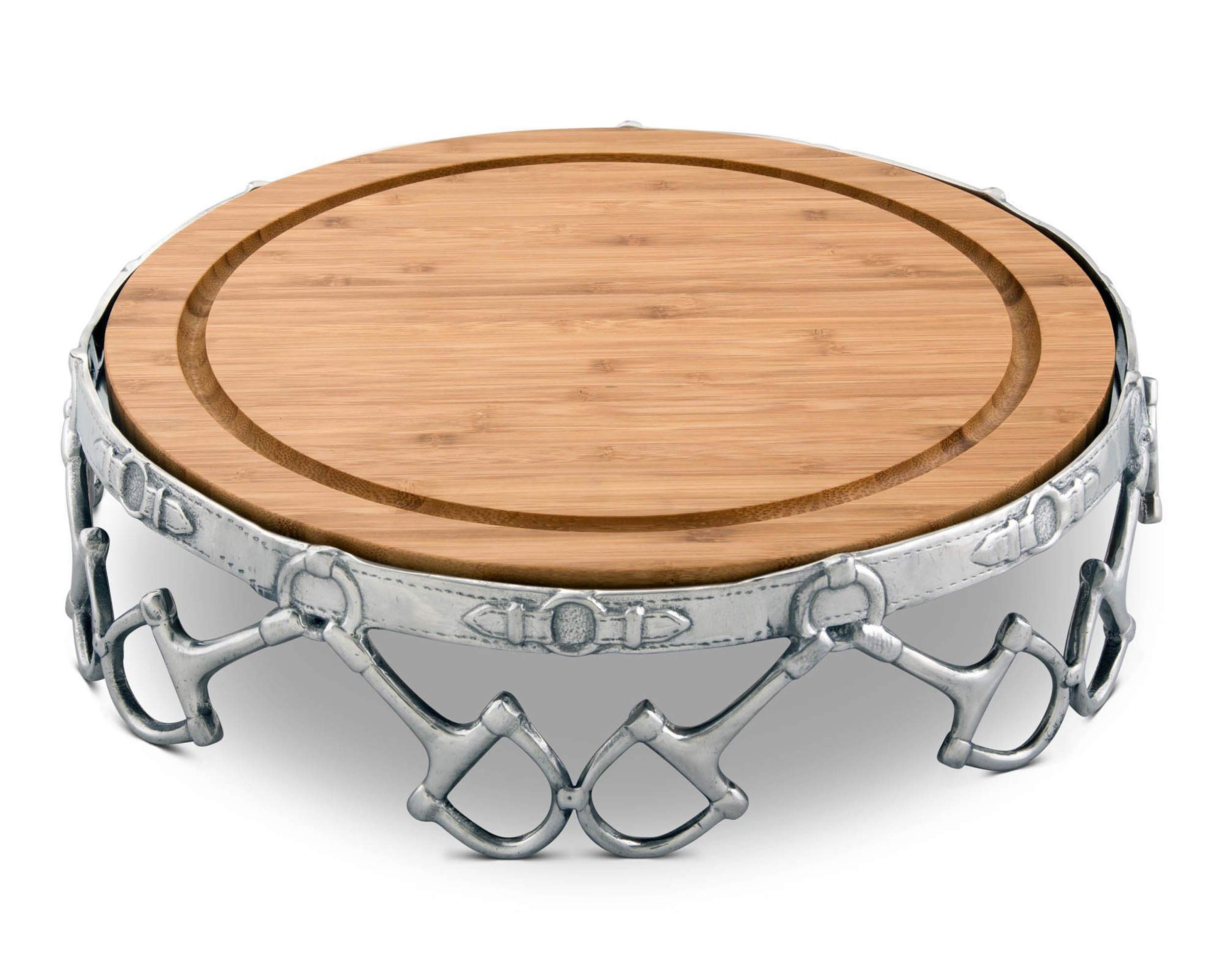 Arthur Court Aluminum Alloy Equestrian D-Ring Pattern Pedestal Cheese/Cake Stand with Removable Acacia Board 13 Inch Diameter