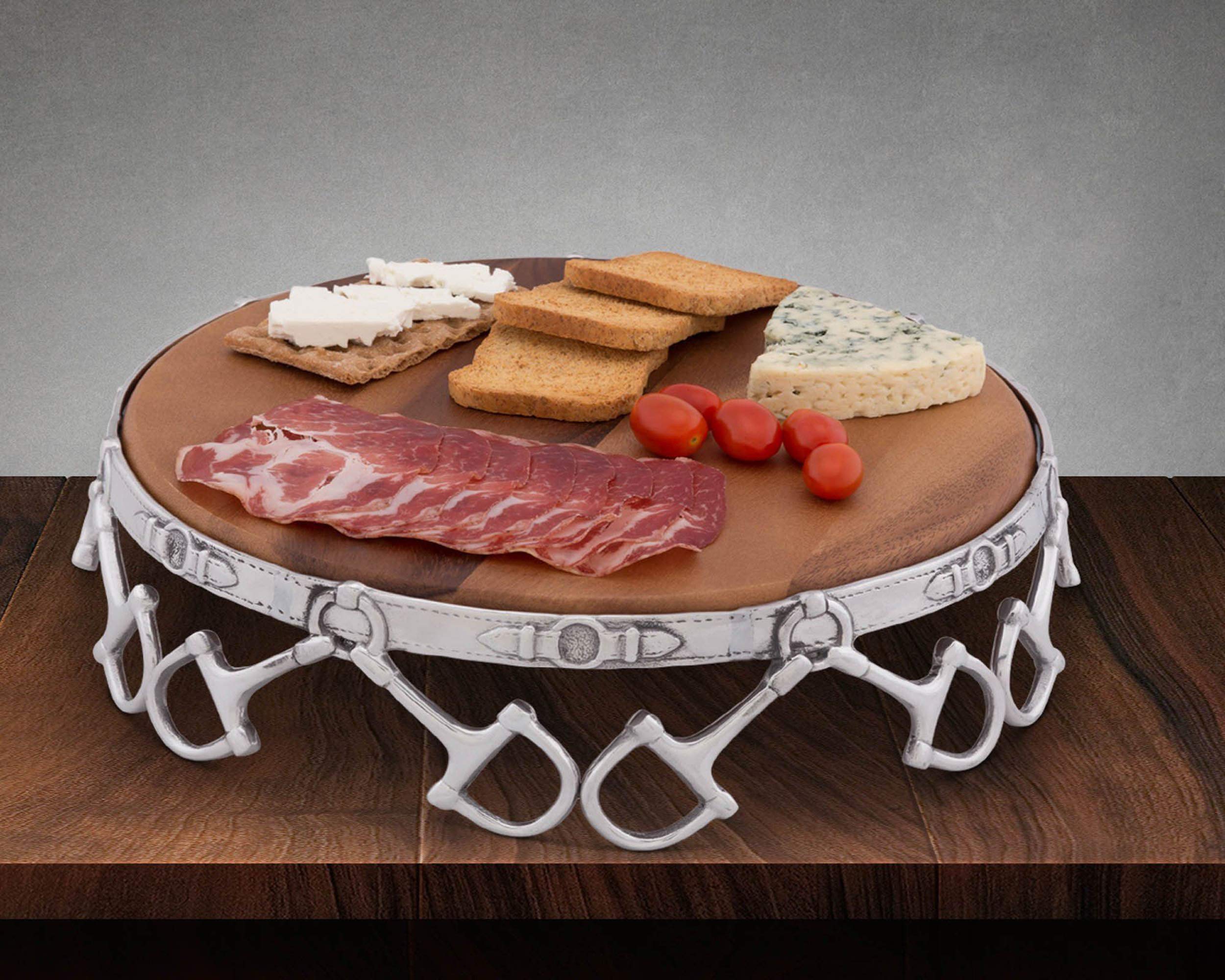 Arthur Court Aluminum Alloy Equestrian D-Ring Pattern Pedestal Cheese/Cake Stand with Removable Acacia Board 13 Inch Diameter