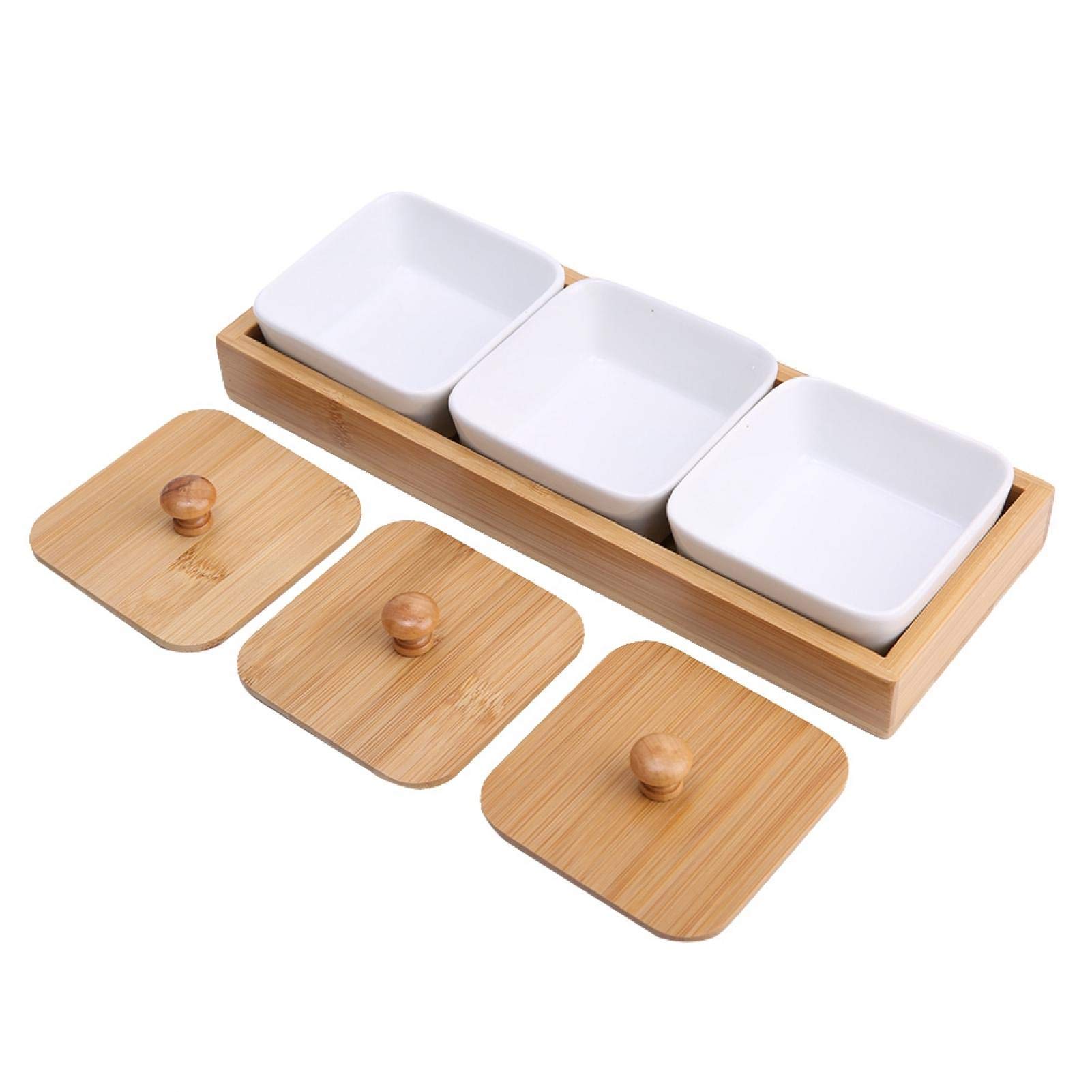 Joyzan Ceramic Divided Serving Dishes, Porcelain Snack Nut Condiments Appetizer Bowl Lids Dip Candy Platter Relish Bamboo Tray Removable Food Display Container Fruit Dessert Potato Chip Birthday Party