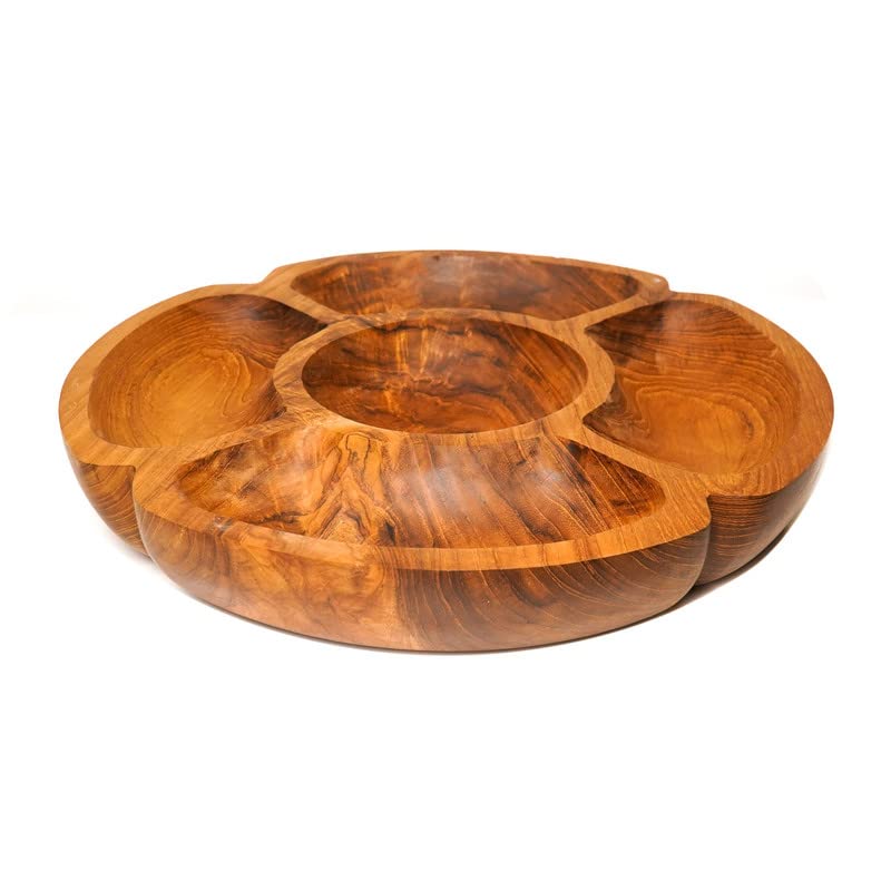 Rainforest Bowls Huge 16" Javanese Teak Wood Chip & Dip Divided Serving Set Platter- Ultra-Durable, Heirloom Piece Lasts a Lifetime- Exclusive Luxury Custom Design Handcrafted by Indonesian Artisans