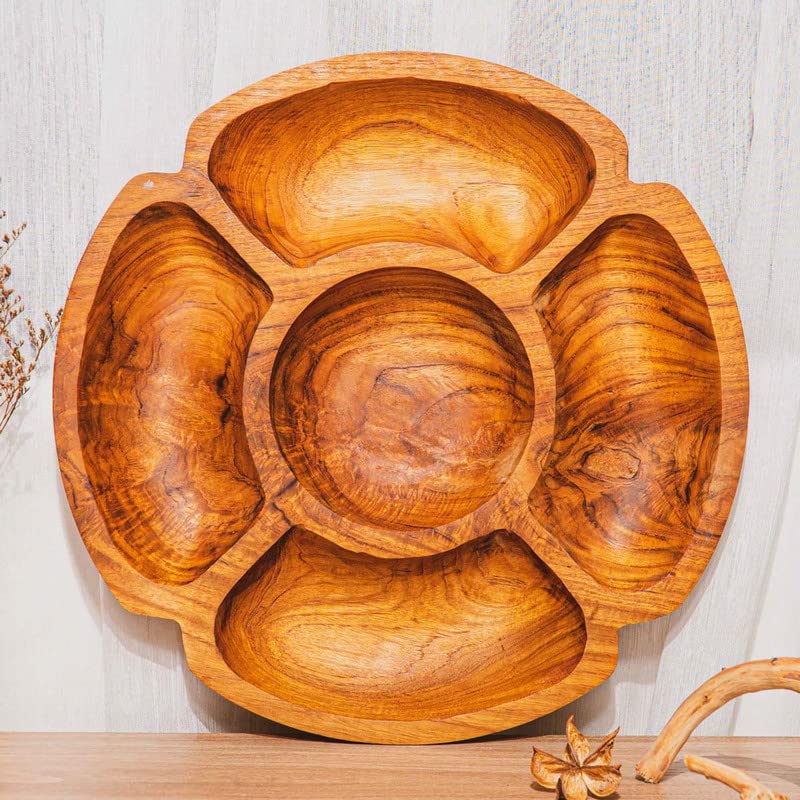 Rainforest Bowls Huge 16" Javanese Teak Wood Chip & Dip Divided Serving Set Platter- Ultra-Durable, Heirloom Piece Lasts a Lifetime- Exclusive Luxury Custom Design Handcrafted by Indonesian Artisans