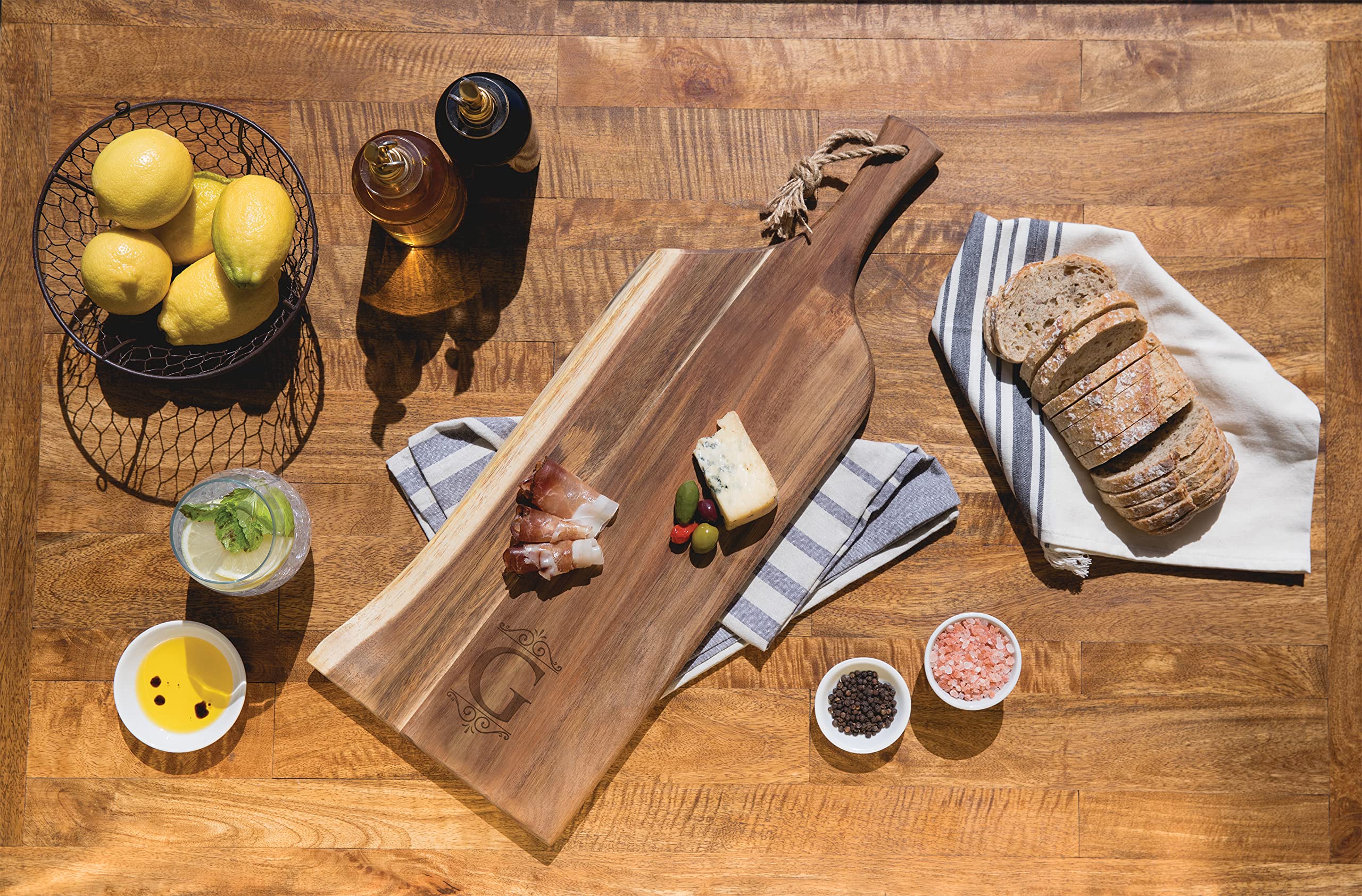 PICNIC TIME Monogram - G - Personalized Artisan 24" Acacia Charcuterie Board with Raw Wood Edge, Cheese Board, Serving Platter, (Acacia Wood)