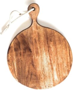 father's day gifts wooden round chopping board with handle & rope for hanging, pizza serving tray party serving platter | 12 inch dia