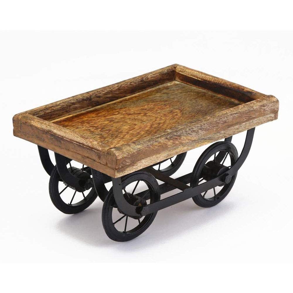 Sharvgun Wooden Thela Snacks Serving Tray Wood Cart Wooden Platter Trolley for Serving Snacks and Tea with Four Wheels, Brown