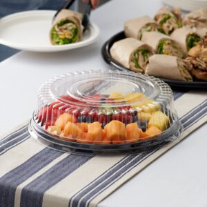 Heavy Duty, Recyclable Serving Tray with High Dome Lid, Black Plastic Party Platters Clear Lids. Elegant Round Banquet or Catering Trays for Serving Appetizers, Sandwich and Veggie Plates, 12” Round