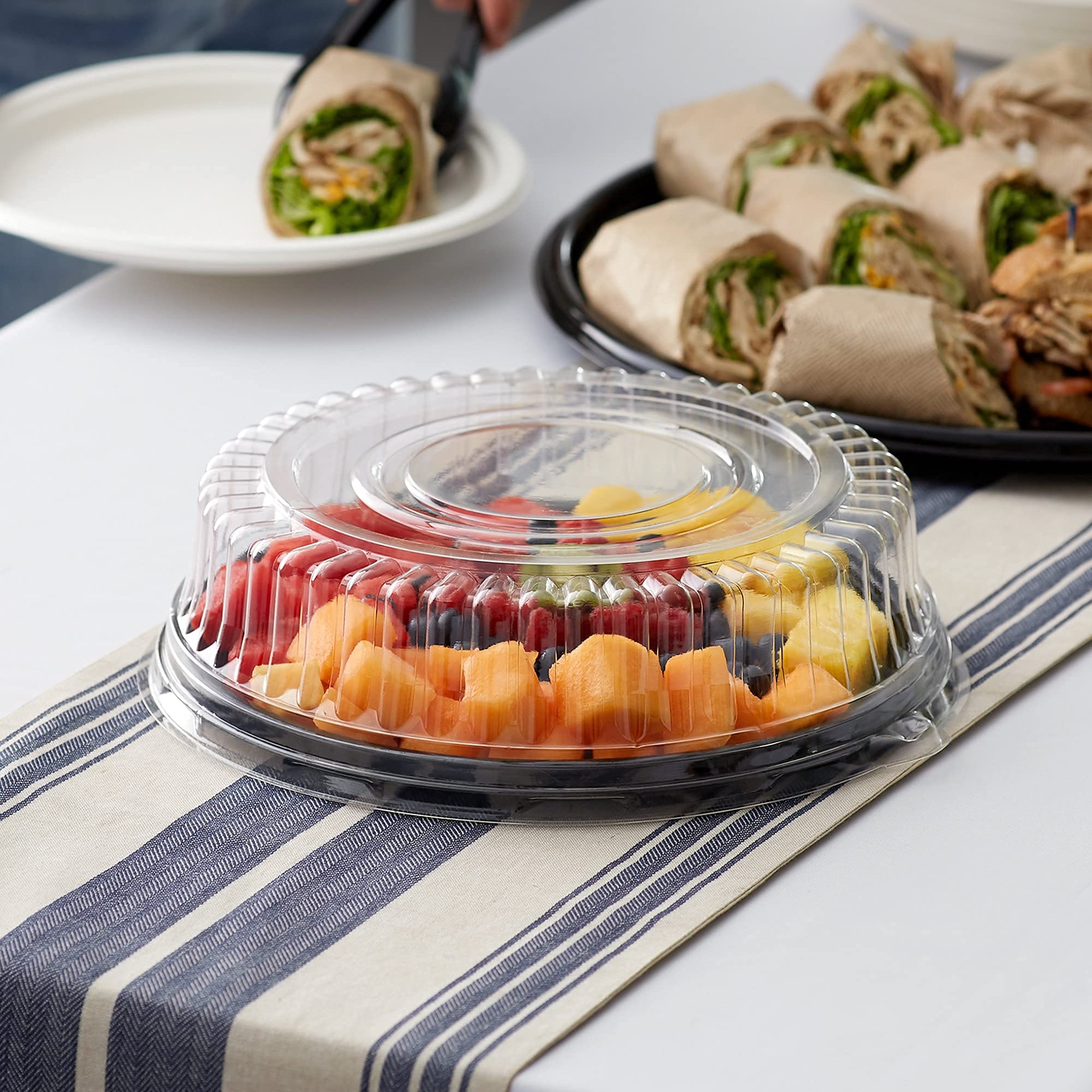 Heavy Duty, Recyclable Serving Tray with High Dome Lid, Black Plastic Party Platters Clear Lids. Elegant Round Banquet or Catering Trays for Serving Appetizers, Sandwich and Veggie Plates, 12” Round