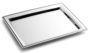 royalty art fancy serving tray, 16” x 9.5”, polished silver stainless steel, elegant home decor for appetizers, hor dourves, wine, and event hosting, engraved black line