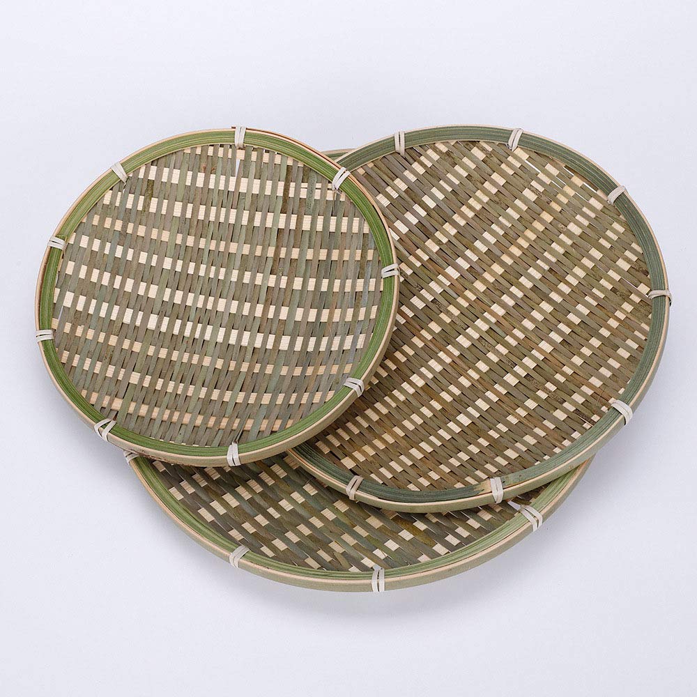 100% Handmade Woven Bamboo Flat Tray for Fruit Basket Shallow Snack Holder Food Container for Dinning Kitchen Table Perfect Decor Delicate Weaved Serving Tray (Round, Large/12)