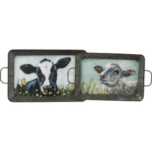 primitives by kathy, 105443, sheep and cow print tray with handles, set of 2, small and large