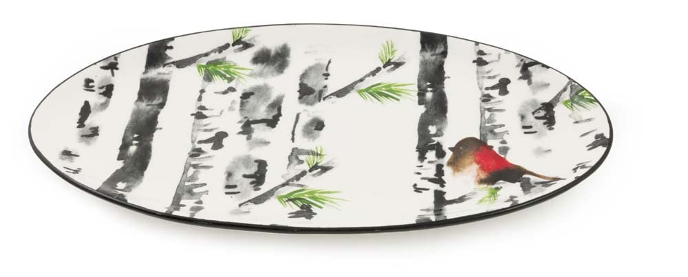 Boston International Holiday Ceramic Oval Serving Platter, 10 x 5-Inches, Bird In Birch